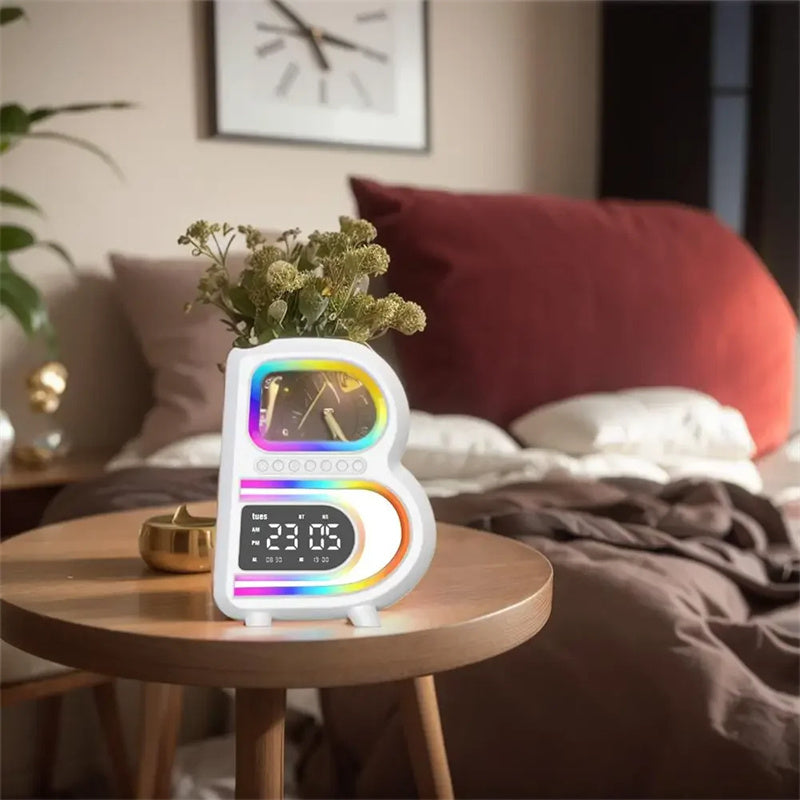 B-Shaped Bluetooth Speaker & Smart Desk Lamp – Wireless Charger + Alarm Clock + LED Light