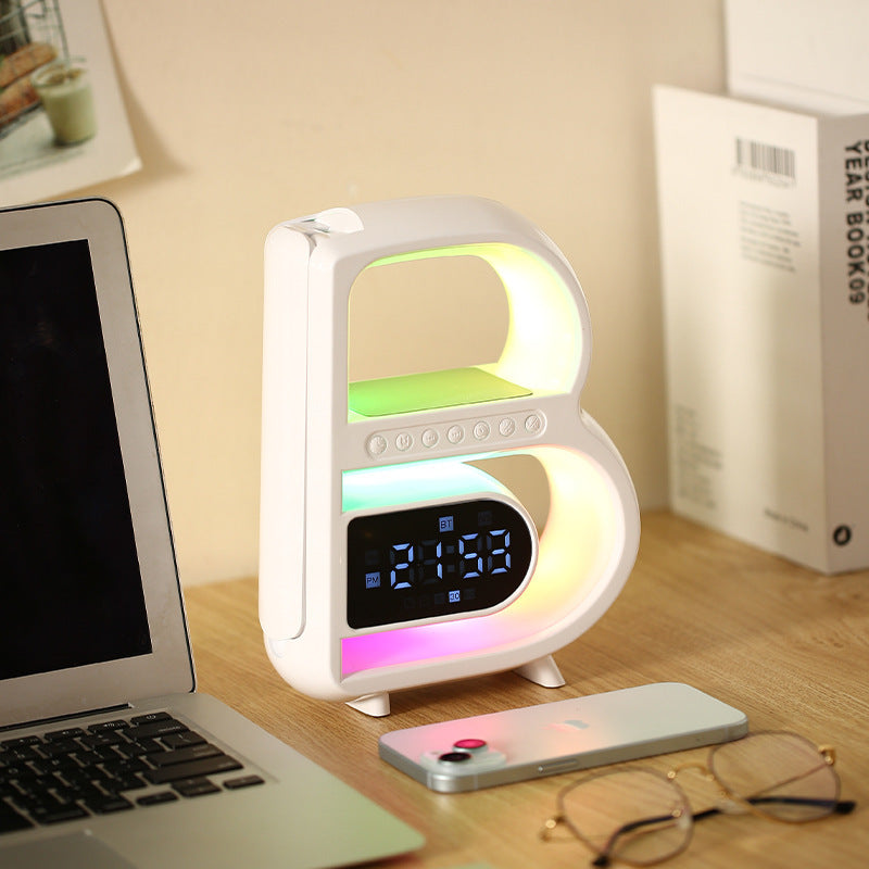 B-Shaped Bluetooth Speaker & Smart Desk Lamp – Wireless Charger + Alarm Clock + LED Light