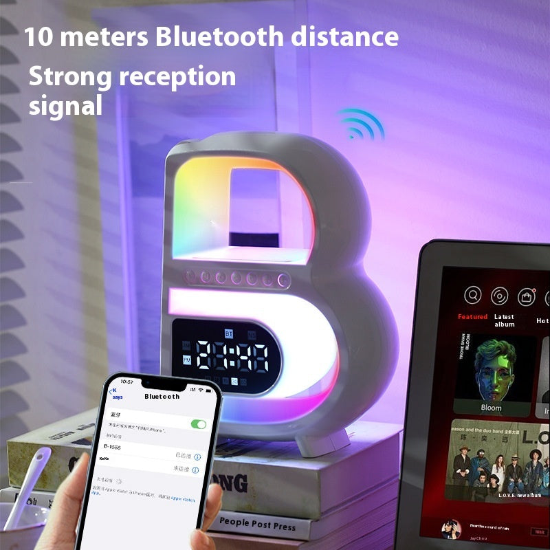 B-Shaped Bluetooth Speaker & Smart Desk Lamp – Wireless Charger + Alarm Clock + LED Light