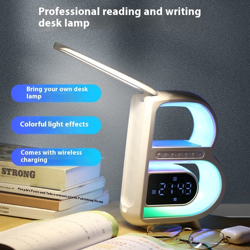 B-Shaped Bluetooth Speaker & Smart Desk Lamp – Wireless Charger + Alarm Clock + LED Light