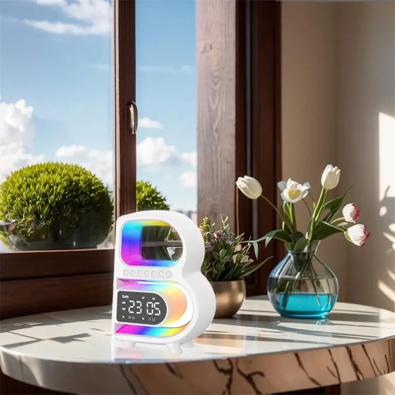 B-Shaped Bluetooth Speaker & Smart Desk Lamp – Wireless Charger + Alarm Clock + LED Light