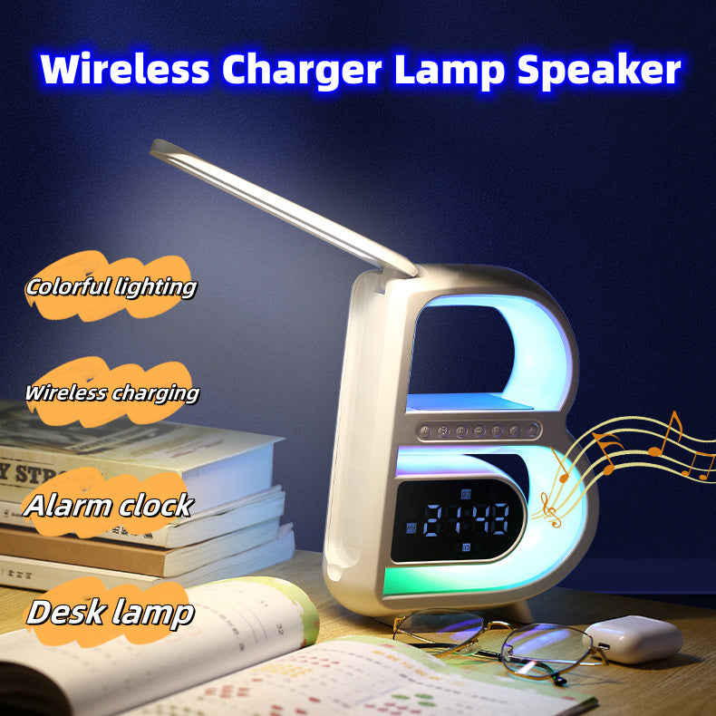 B-Shaped Bluetooth Speaker & Smart Desk Lamp – Wireless Charger + Alarm Clock + LED Light