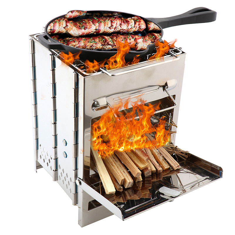 Outdoor Folding Wood Stove, Mini Stainless Steel Grill, BBQ