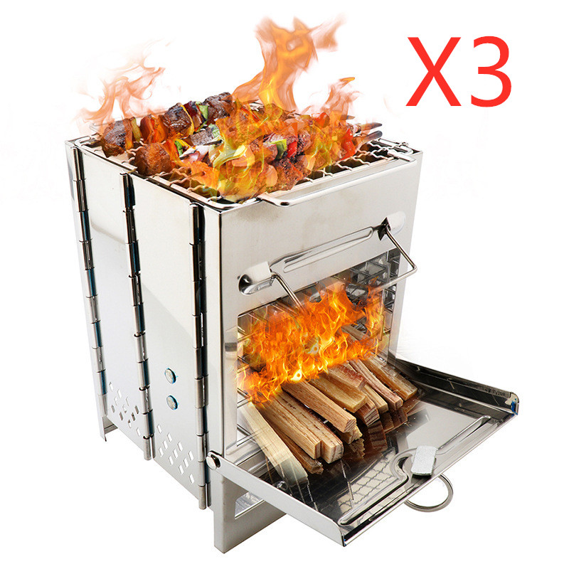 Outdoor Folding Wood Stove, Mini Stainless Steel Grill, BBQ