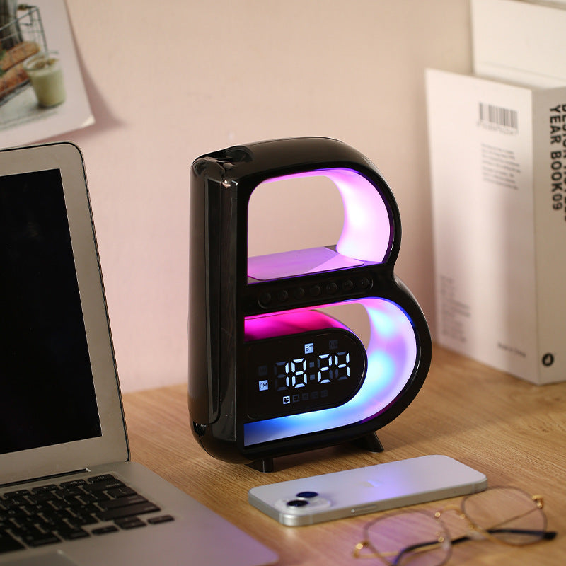 B-Shaped Bluetooth Speaker & Smart Desk Lamp – Wireless Charger + Alarm Clock + LED Light