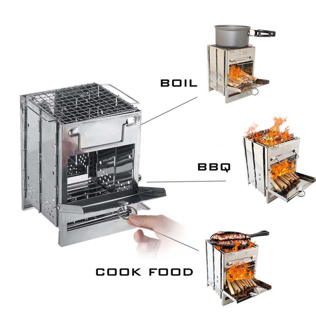 Outdoor Folding Wood Stove, Mini Stainless Steel Grill, BBQ