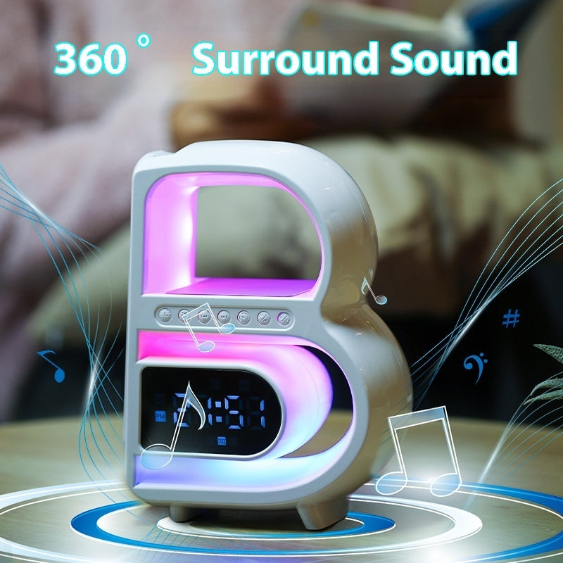 B-Shaped Bluetooth Speaker & Smart Desk Lamp – Wireless Charger + Alarm Clock + LED Light
