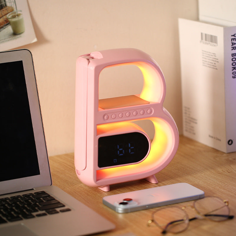 B-Shaped Bluetooth Speaker & Smart Desk Lamp – Wireless Charger + Alarm Clock + LED Light