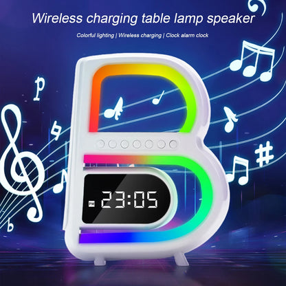B-Shaped Bluetooth Speaker & Smart Desk Lamp – Wireless Charger + Alarm Clock + LED Light