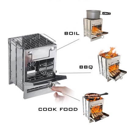 Outdoor Folding Wood Stove, Mini Stainless Steel Grill, BBQ