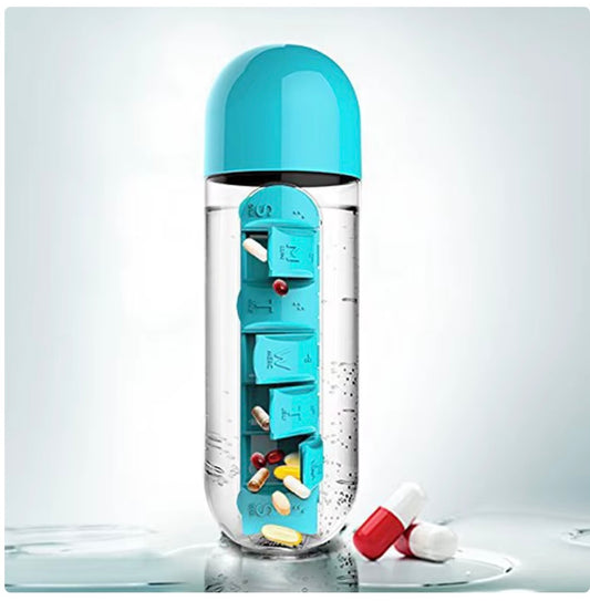 2 in 1 Weekly Portable Pill Box Organiser with 600 ml Water Bottle,
